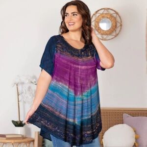 Greater Good Women Top Plus Free Size Purple Tie Dye Beaded Boho Tunic NWT